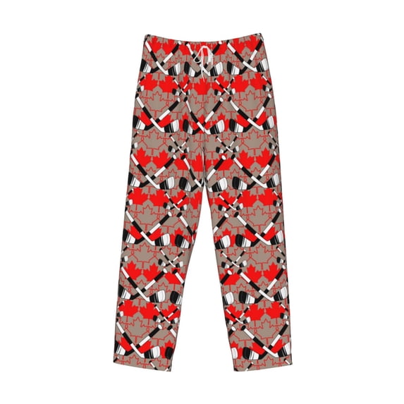 Lsque Hockey With Maple Leaves Print Men's Pajama Pants, Lounge Pant - Comfortable Home Wear,Elastic Waistband, Stylish Design-XX-Large