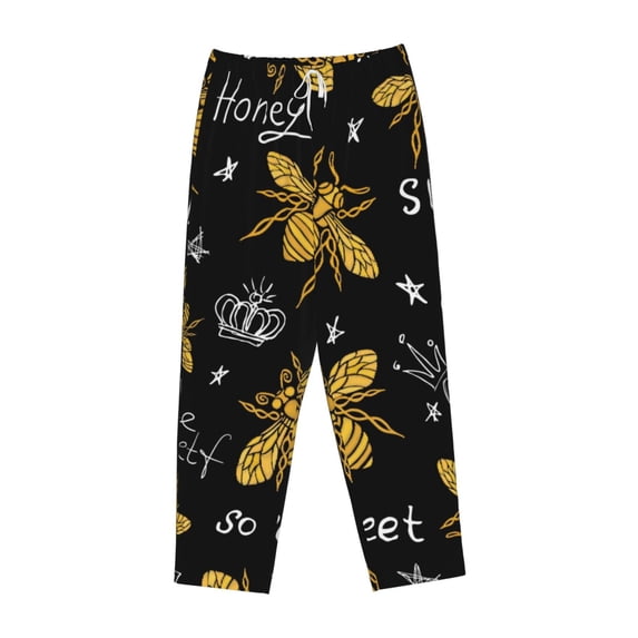 Lsque Hohey Bee Golden Embroidery Print Women's Pajama Pants, Lounge Pant - Comfortable Home Wear,Elastic Waistband, Stylish Design-X-Large