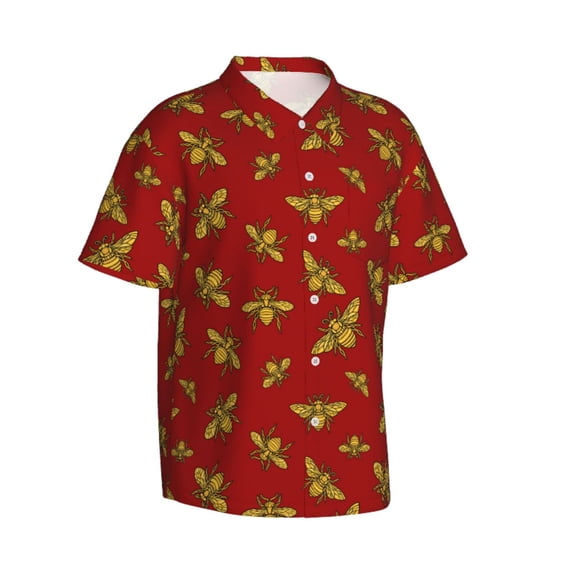 Lsque Hohey Bee Golden pattern Hawaiian Shirt for Men, Unisex Summer Beach Casual Short Sleeve Button Down Shirts-Small
