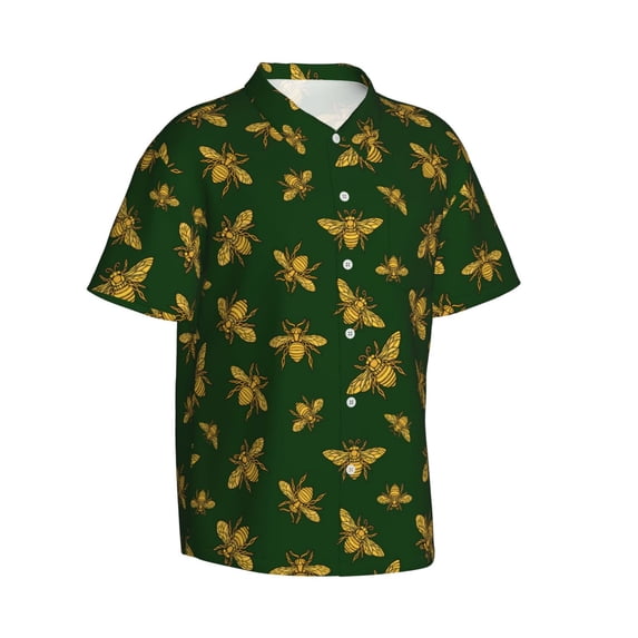 Lsque Hohey Bee pattern Hawaiian Shirt for Men, Unisex Summer Beach Casual Short Sleeve Button Down Shirts-Medium
