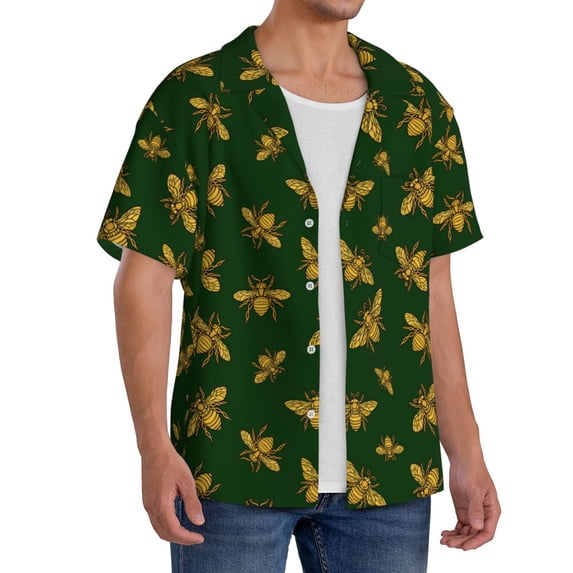 Lsque Hohey Bee print Men's Cuban Collar Short Sleeve Shirt Summer Beachwear Casual Button Down Fashionable Vacation Leisure Shirt-3X-Large