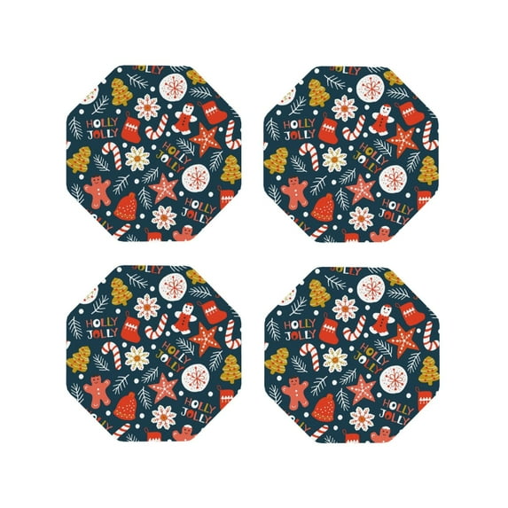 Lsque Holiday Christmas Cookies Pattern 4" Drink Coasters Set of 4, PVC Leather Absorbent Coasters, Table Coaster Set Decorative Coffee Cup Coasters Housewarming Gift -Octagon