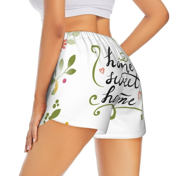 Lsque Home Sweet Home Floral Printed Women's Running Shorts with Liner Pockets,Elastic Quick Dry Workout Athletic Gym Yoga Shorts,Womens High Waist Shorts-Medium