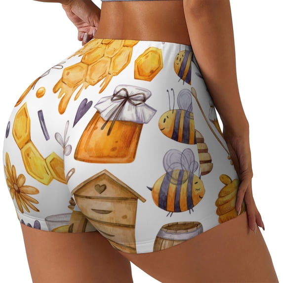Lsque Honey Bee Set Pattern High Waisted Biker Shorts for Women-Tummy Control Fitness Athletic Workout Running Yoga Gym Shorts,Moisture-Wicking-Small