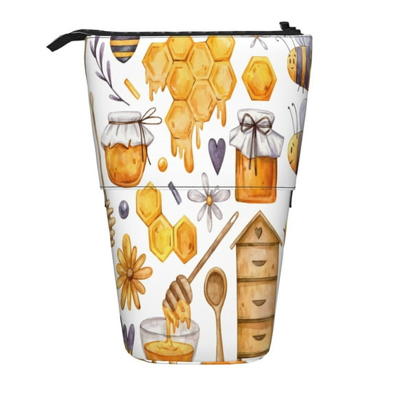 Lsque Honey Bee Set Pattern Telescopic Pencil Bag Pen Holder Stationery Case, Stand-up Retractable Transformer Bag Organizer