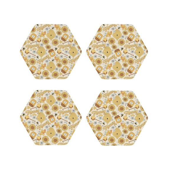 Lsque Honey Honeycomb Pattern 4" Drink Coasters Set of 4, PVC Leather Absorbent Coasters, Table Coaster Set Decorative Coffee Cup Coasters Housewarming Gift -Hexagon