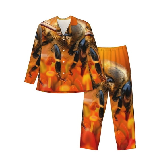 Lsque Honeybee On Vibrant Flower Pattern Long Sleeve Pajama Set for Men - Soft 2-Piece Sleepwear and Loungewear Set with Pockets, Comfy Nightwear-Large