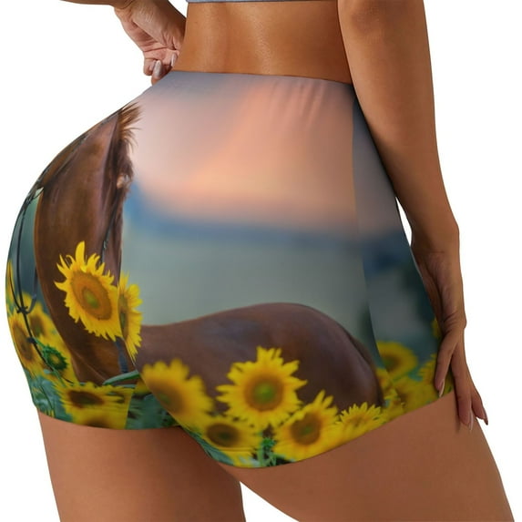 Lsque Horse Sunflowers Pattern High Waisted Biker Shorts for Women-Tummy Control Fitness Athletic Workout Running Yoga Gym Shorts,Moisture-Wicking-Large