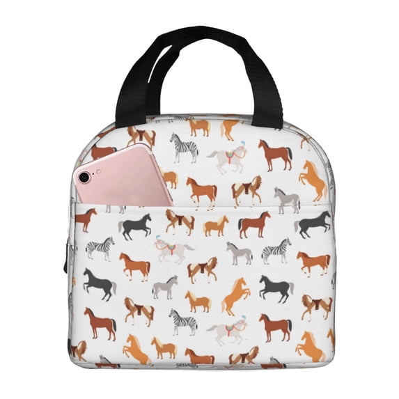 Lsque Horses Pattern Lunch Bag Women/Men Insulated Lunch Box,Small Leakproof Cooler Food Lunch Containers Reusable High Capacity Lunch Tote Bags