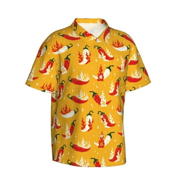 Lsque Hot Chilli pattern Hawaiian Shirt for Men, Unisex Summer Beach Casual Short Sleeve Button Down Shirts-Small