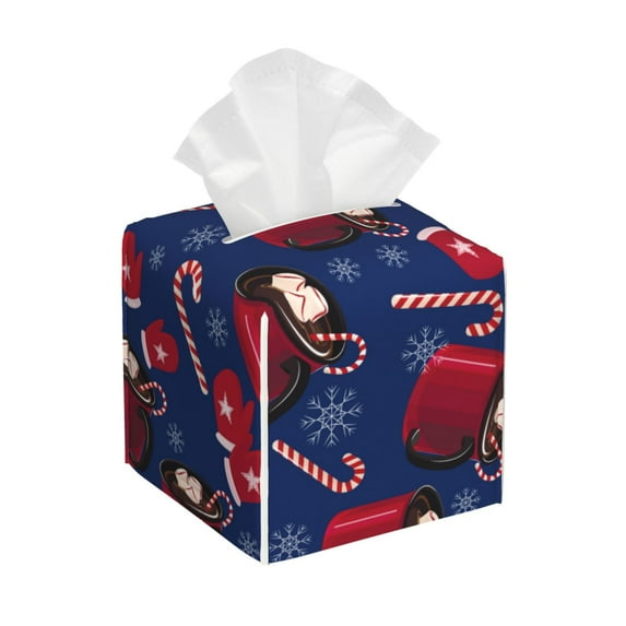 Lsque Hot Cocoa Snowflake Mittens Printed Tissue Box Cover Holder, Facial Paper Organizer Dispenser,Square with Bottom Belt, PVC Leather Decorative Organizer