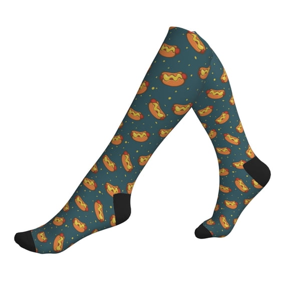 Lsque Hot Dog 6 Pattern Sport Compression Socks for Men & Women 15-20 mmHg Knee High Nurse Pregnant Running Medical and Travel Athletic
