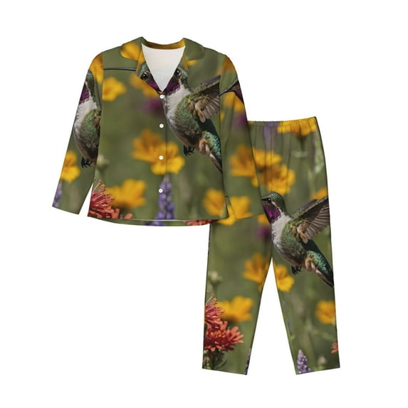 Lsque Humming Bird Pattern Long Sleeve Pajama Set for Women - Soft 2-Piece Sleepwear and Loungewear Set with Pockets, Comfy Nightwear-XX-Large