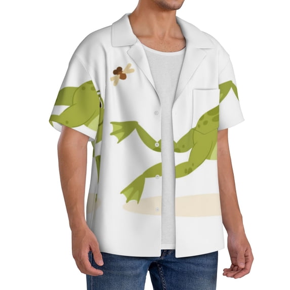 Lsque Hunting Frog print Men's Cuban Collar Short Sleeve Shirt Summer Beachwear Casual Button Down Fashionable Vacation Leisure Shirt-Small