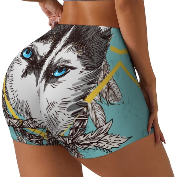 Lsque Husky With Dreamcatcher Pattern High Waisted Biker Shorts for Women-Tummy Control Fitness Athletic Workout Running Yoga Gym Shorts,Moisture-Wicking-Small