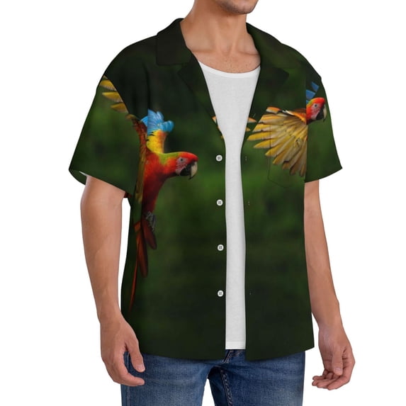 Lsque Hybrid Parrot in the Forest print Men's Cuban Collar Short Sleeve Shirt Summer Beachwear Casual Button Down Fashionable Vacation Leisure Shirt-X-Large