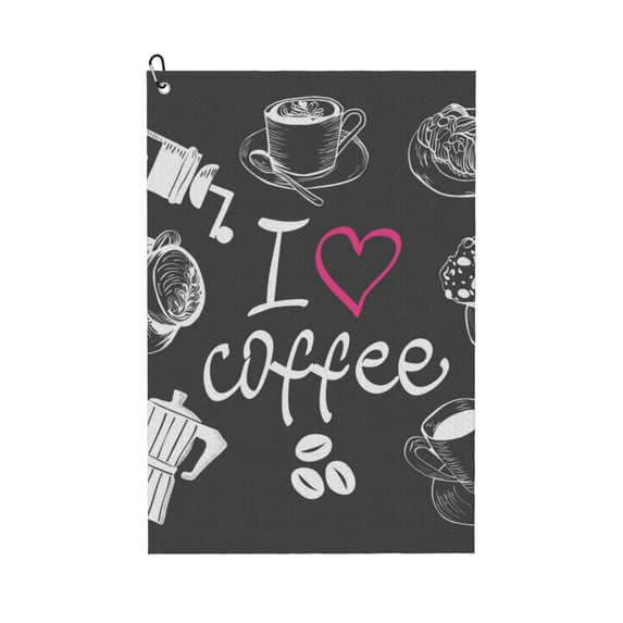 Lsque I Love Coffee Premium Golf Towel - Ultra Absorbent and Quick Drying Microfiber Towel with Carabiner - Gift for Men -24" X 16"