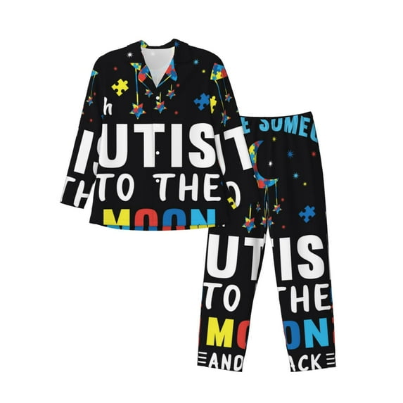 Lsque I Love With Autism To The Moon And Back Pattern Long Sleeve Pajama Set for Men - Soft 2-Piece Sleepwear and Loungewear Set with Pockets, Comfy Nightwear-Medium