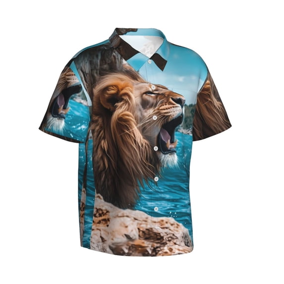 Lsque Ice Blue Coastal Lion pattern Hawaiian Shirt for Men, Unisex Summer Beach Casual Short Sleeve Button Down Shirts-3X-Large