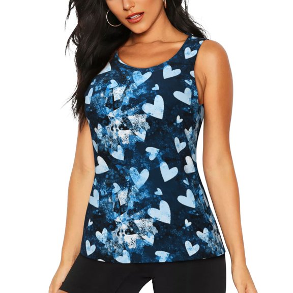 Lsque Ice Blue Heart Printed Workout Tank Tops for Women, Athletic Sports Tank Tops, Compression Sleeveless Dry Fit Shirts,Sleeveless Yoga Shirt-Large