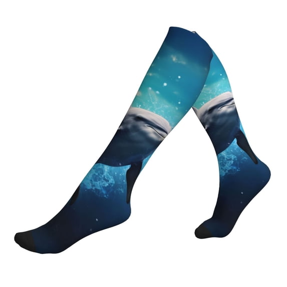 Lsque Ice Blue Ocean Cute Dolphin Pattern Sport Compression Socks for Men & Women 15-20 mmHg Knee High Nurse Pregnant Running Medical and Travel Athletic