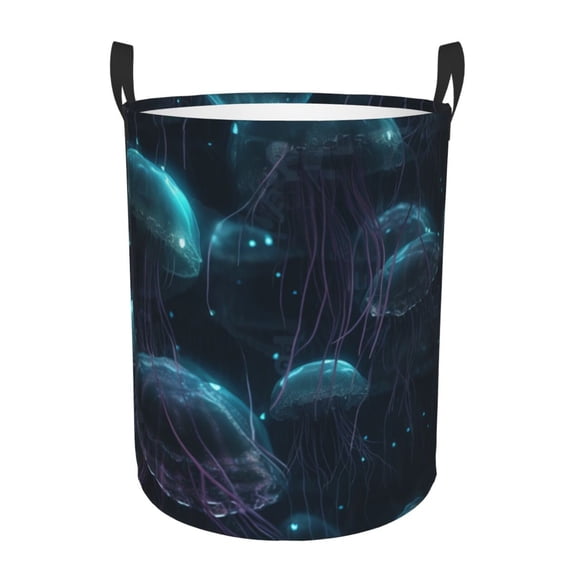 Lsque Ice blue light spot jellyfish Pattern Laundry Hamper Basket, Tall Woven Rope Hamper Basket for Clothes, Lightweight Storage Basket, Collapsible Waterproof-Medium