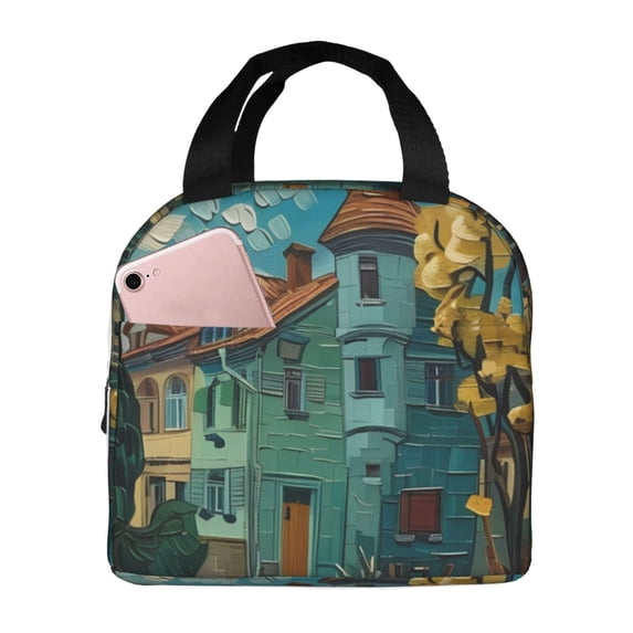 Lsque Impressionist Village Sky Pattern Lunch Bag Women/Men Insulated Lunch Box,Small Leakproof Cooler Food Lunch Containers Reusable High Capacity Lunch Tote Bags