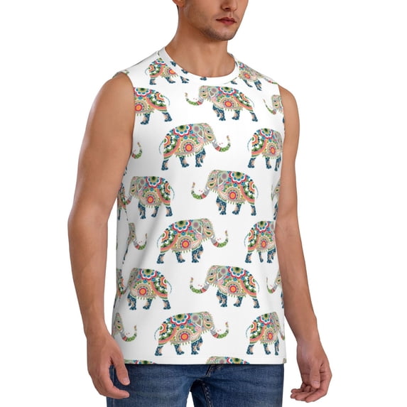 Lsque Indian Elephant Print Men's Cotton Blend Sleeveless Muscle Shirts (S-3XL)- Moisture Wicking, Odor Protection, UPF 30+,XX-Large