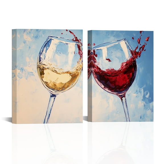 Visual Art Decor 12x16 Inch Diptych Canvas Wall Art - Elegant Two Wine Glasses Clinking, Romantic Couple Gift, 2-Piece Framed Decor Set, Ready to Hang