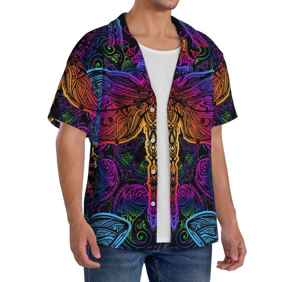 Lsque Indian Mandalas Dragonfly print Men's Cuban Collar Short Sleeve Shirt Summer Beachwear Casual Button Down Fashionable Vacation Leisure Shirt-3X-Large