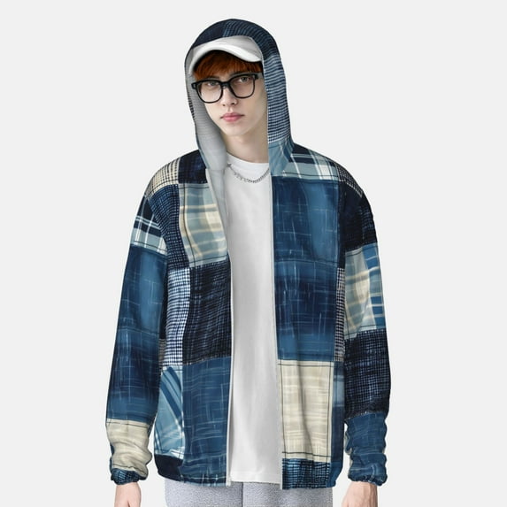 Lsque Indigo Patchwork Quilt UPF 50+ Lightweight Sun Protection Men's Women's Long Sleeve Shirt, Hoodie Performance -3X-Large