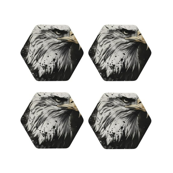 Lsque Ink Style Bald Eagle Pattern 4" Drink Coasters Set of 4, PVC Leather Absorbent Coasters, Table Coaster Set Decorative Coffee Cup Coasters Housewarming Gift -Hexagon
