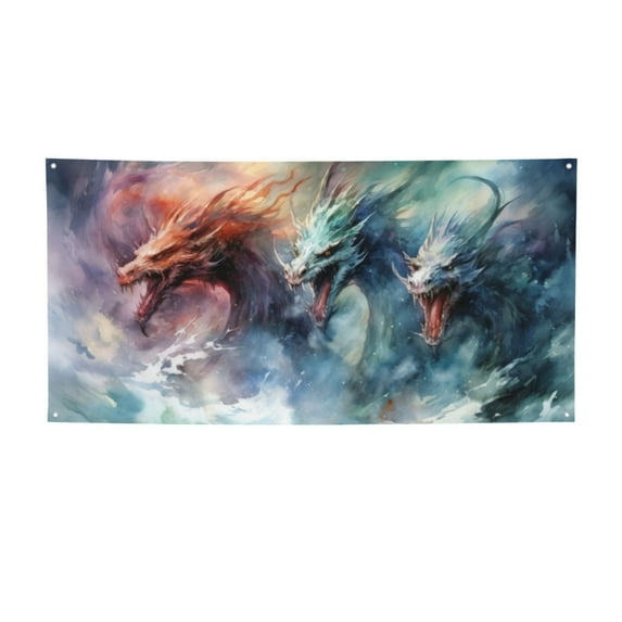 Lsque Ink Style Wave Dragon Pattern Party Banner, Festive Banner , Holiday Celebrations and Events for Carnival Birthday Party Festival Decorations-Medium