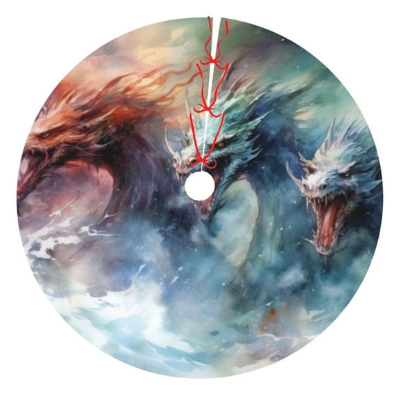 Lsque Ink Style Wave Dragon Print Christmas Tree Skirt, Tree Skirt with Ties or Velcro, Perfect for Holiday Decorations, Halloween, and New Year-36"