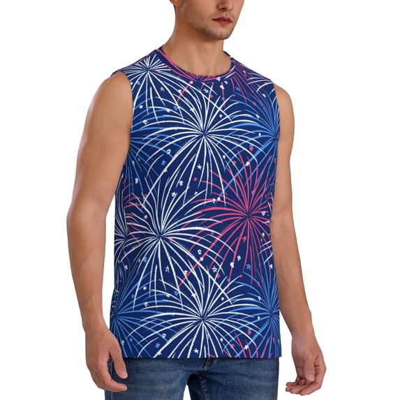 Lsque Ireworks In The Night Sky Print Men's Cotton Blend Sleeveless Muscle Shirts (S-3XL)- Moisture Wicking, Odor Protection, UPF 30+,Medium