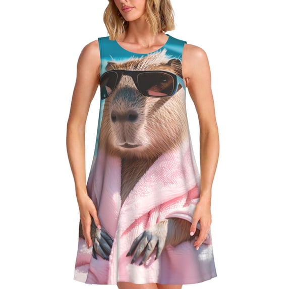 Lsque Island Vacation Guinea Pig Pattern Summer Dresses for Women – Sleeveless T-Shirt Swing Sundress, Perfect for the Beach and Casual Days