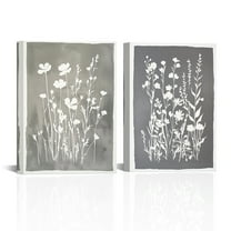 Visual Art Decor 12x16 Inch Triple Panel Minimalist Woodblock Print - Simple Wildflowers Artwork, Modern Farmhouse Decor, 3-Piece Canvas Wall Art Set, Ready to Hang