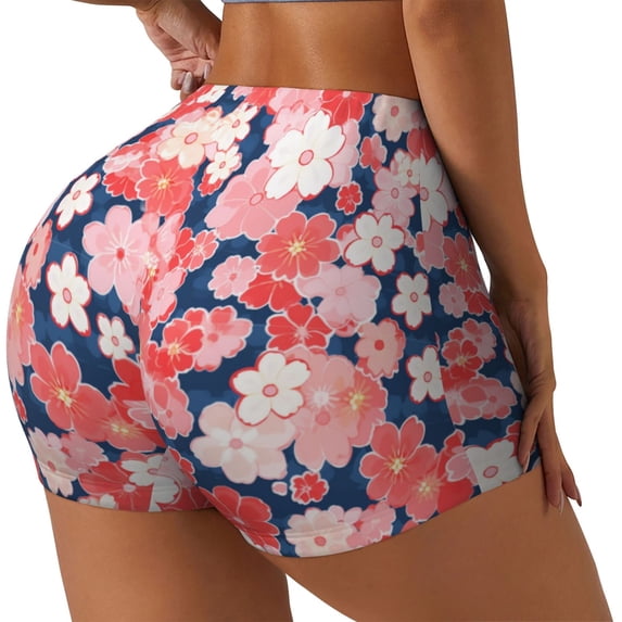 Lsque Japanese Cherry Blossoms Pattern High Waisted Biker Shorts for Women-Tummy Control Fitness Athletic Workout Running Yoga Gym Shorts,Moisture-Wicking-Small
