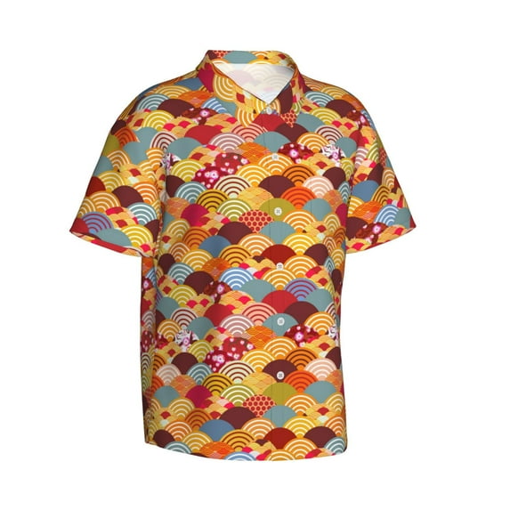 Lsque Japanese Style Fish Scales pattern Hawaiian Shirt for Men, Unisex Summer Beach Casual Short Sleeve Button Down Shirts-Medium