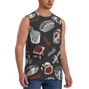 Lsque Japanese Sushi Hashi Print Men's Cotton Blend Sleeveless Muscle Shirts (S-3XL)- Moisture Wicking, Odor Protection, UPF 30+,Small