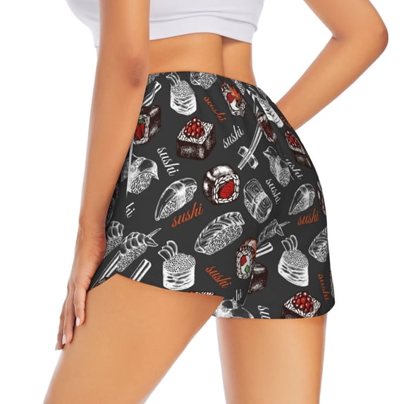 Lsque Japanese Sushi Hashi Printed Women's Running Shorts with Liner Pockets,Elastic Quick Dry Workout Athletic Gym Yoga Shorts,Womens High Waist Shorts-Large