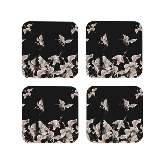 Lsque Japanese White Crane Pattern 4" Drink Coasters Set of 4, PVC Leather Absorbent Coasters, Table Coaster Set Decorative Coffee Cup Coasters Housewarming Gift -Square