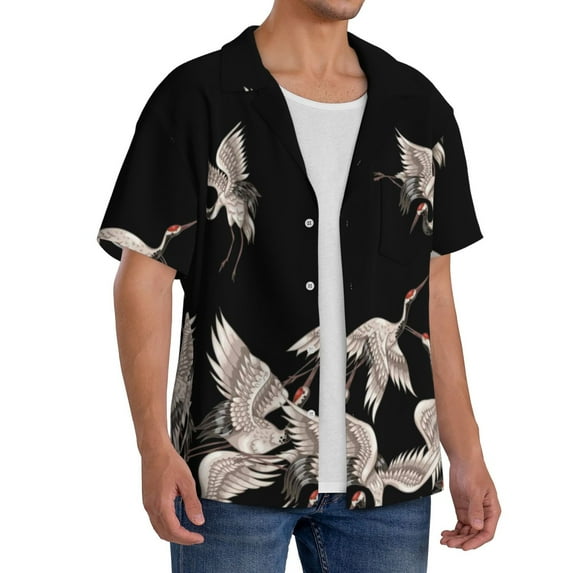 Lsque Japanese White Crane print Men's Cuban Collar Short Sleeve Shirt Summer Beachwear Casual Button Down Fashionable Vacation Leisure Shirt-X-Large