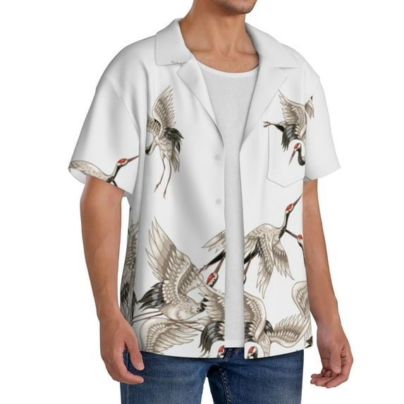 Lsque Japanese White Cranes print Men's Cuban Collar Short Sleeve Shirt Summer Beachwear Casual Button Down Fashionable Vacation Leisure Shirt-Medium