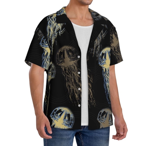 Lsque Jellyfish print Men's Cuban Collar Short Sleeve Shirt Summer Beachwear Casual Button Down Fashionable Vacation Leisure Shirt-3X-Large