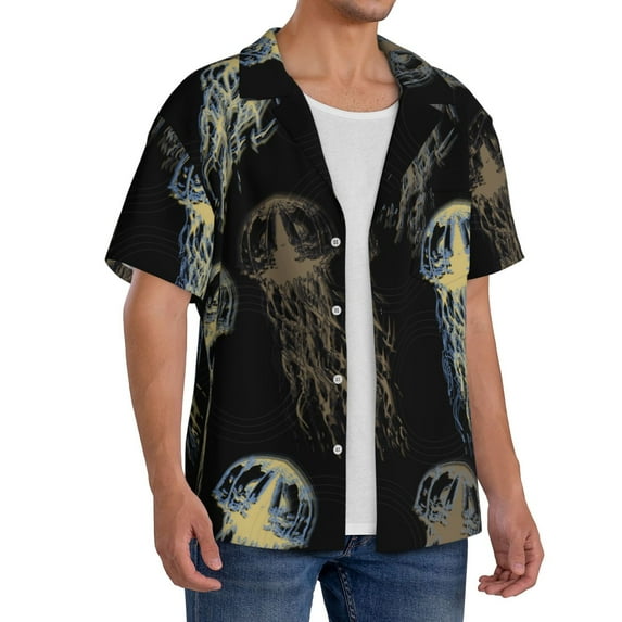 Lsque Jellyfish print Men's Cuban Collar Short Sleeve Shirt Summer Beachwear Casual Button Down Fashionable Vacation Leisure Shirt-Large