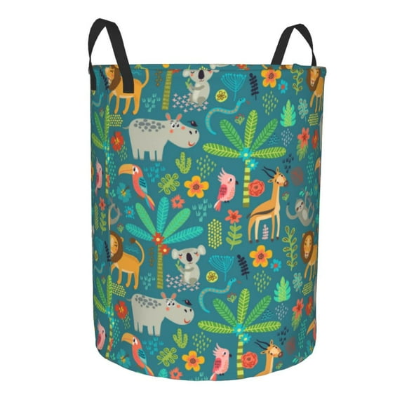 Lsque Jungle Animals pattern Laundry Hamper Basket, Tall Woven Rope Hamper Basket for Clothes, Lightweight Storage Basket, Collapsible Waterproof-Small