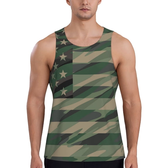 Lsque Jungle Green Camo USA Flag Pattern Mens Tank Tops Muscle Athletic Quick Dry Sleeveless Workout Fitness T Shirts Beach Tank Top, Loose-fit Sleeveless Shirt for Men-Small