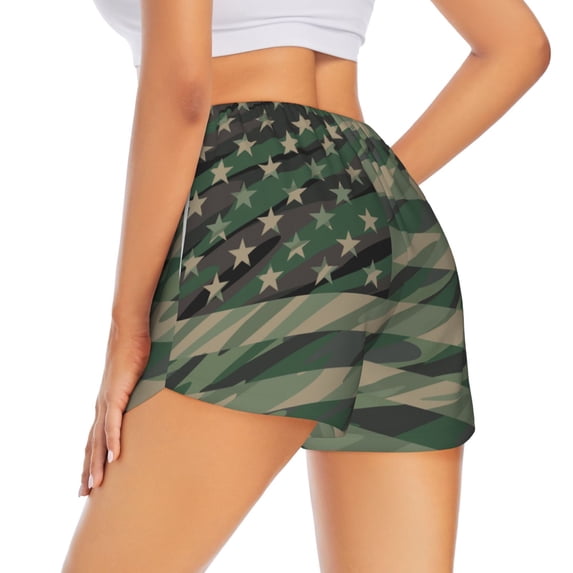 Lsque Jungle Green Camo USA Flag Printed Women's Running Shorts with Liner Pockets,Elastic Quick Dry Workout Athletic Gym Yoga Shorts,Womens High Waist Shorts-Small