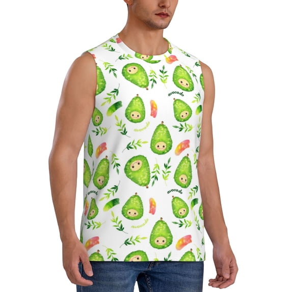 Lsque Kawaii Avocado Print Men's Cotton Blend Sleeveless Muscle Shirts (S-3XL)- Moisture Wicking, Odor Protection, UPF 30+,X-Large